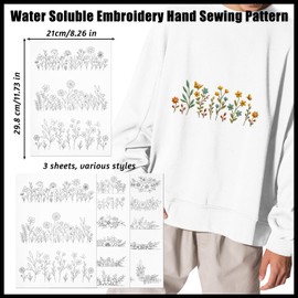 Water Soluble Embroidery Stabilizer 3 Sheets Water Soluble Stabilizer for Embroidery Patterns Stick and Stitch Embroidery-Paper Designs Transfer Paper with Pre-Printed Flower Leave for Hand Sewing