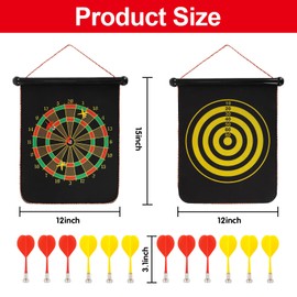 Qonutoci Magnetic Dart Board, 15 x 12 Inches Dart Boards for Adults and Teen, Two Sided Roll Up Dartboard,12 Magnetic Safe Darts, Indoor Outdoor Game, Room Decor, Best Gifts for Teen Boys 13-18