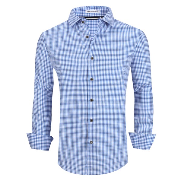 Alex Vando Mens Button Down Shirts Wrinkle Free 4-Way Stretch Print Business Casual Shirt,Blue Plaid,L