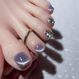 ALLEVG Purple Diamond 3D Foot Nail Tips, 24 Pieces, Purple Cat's Eye Stone, Magnetic, for Summer, Wedding, Adult Ceremony, Cute, Popular, Simple, Reusable