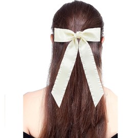 2pcs Hair Bows Hair Clip Large Ruffle Tassel Ribbon Hair Bow Clips Barrettes with Long Tail for Women Girls Hair Accessories (Beige, One size)
