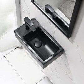 Corner Bathroom Sink with Faucet-Bokaiya 18 Inch Small Wall Mount Bathroom Sink Narrow Space Matte Black Porcelain Ceramic Cloakroom Mini Vanity Vessel Sink, Left Hand