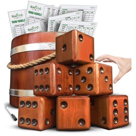 SWOOC Games - Yardzee, Farkle & 20+ Games - Giant Yard Dice Set (All Weather) with Wooden Bucket, 5 Big Laminated Score Cards, and Dry Erase Marker - Jumbo Backyard Lawn Games