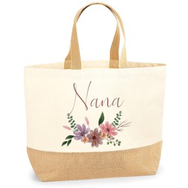 Lovely Grandmother Shopper Bag - Nana Flowers - Jute Canvas X-Large Tote Bag - Mothers Day Nanny Grandma Gran Nan XL natural