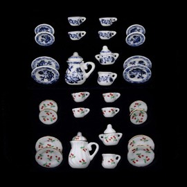 2 Set 1:12 Dollhouse Porcelain Teacup and Teapot Set,30 PCS Dish Cup Plate Dollhouse Decoration Accessories,Dining Ware Porcelain Tea Cup Dollhouse Miniature