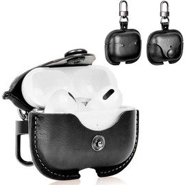 YAODLE Case Compatible with Airpods Pro 2 Protective Case Genuine PU Leather Case with Carabiner, Anti-Fingerprint, Anti-Abrasion (Black)