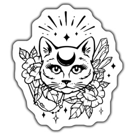 Mystical Cat Sticker with Flowers and Crystals, Moon Phase Cat Decal, Black and White Cat Design Car Laptop Decor, Witchy Cat Art - 5-Inch Sticker - 2-Pack - CCSTICKER00355