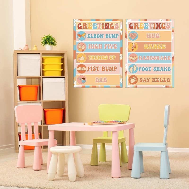 QOUBAI Groovy Classroom Greetings Poster Decor, Classroom Rules Greeting Choice