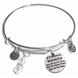 Hidden Hollow Beads Women's Stainless Steel Message Charm Expandable Wire Bangle Bracelet, Popular Stacking Bracelets, Arrives in a Gift Bag. (Dragonfly) (Strong Women)
