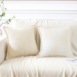 Artscope Set of 2 Corduroy Cushion Covers, Velvet Cushion, Soft Decorative Cushion Cover, Modern Cushion Cover, Wrapped Edge, Sofa Cushion for Living Room, Bedroom, Cream Beige, 60 x 60 cm