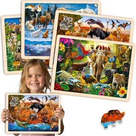 QUOKKA 4SET Puzzles for Kids Ages 4-6 - 36 Pcs Wooden Realistic Montessori Puzzles Ages 3-5 - Polar & Tropical Regions, Yellowstone & Australian Animals Learning Games for Boys and Girls 4-8 Year Old
