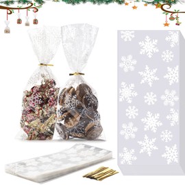Pack of 100 Christmas Cookie Bags, Cellophane Bags, Clear, Snowflake Candy Bag, Snowflake Cellophane Bags with 100 Twist Ties (12.5 x 27.5 cm)