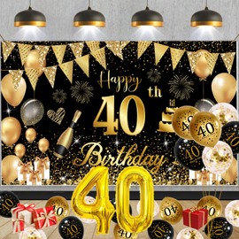 40th Birthday Decoration, FestiVibe Decoration 40th Birthday Men Women, 40th Birthday Decoration Large Banner and Black Gold, for Woman Man Decoration 40th Birthday Day