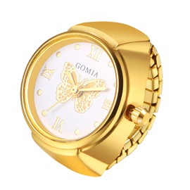 JewelryWe Ringuhr Fingeruhr Elastisch Schmetterling - Damen Analog Quarz Fingerringuhr Ring Uhr Uhrenring mit Gelb Schmetterling Römischen Ziffern Zifferblatt und Gold Legierung Elastisch Band