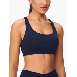 Omwilddo - brasier deportivo de tirantes para mujer, de compresión ligera, con espalda cruzada, acolchado, para entrenamiento, yoga, cuello en U, marino, L