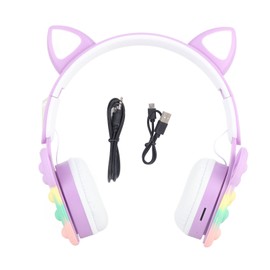 Bluetooth Cat Ear Headphones Fashionable Light Up Wireless Headset for Mobile Phones PC Tablet Purple
