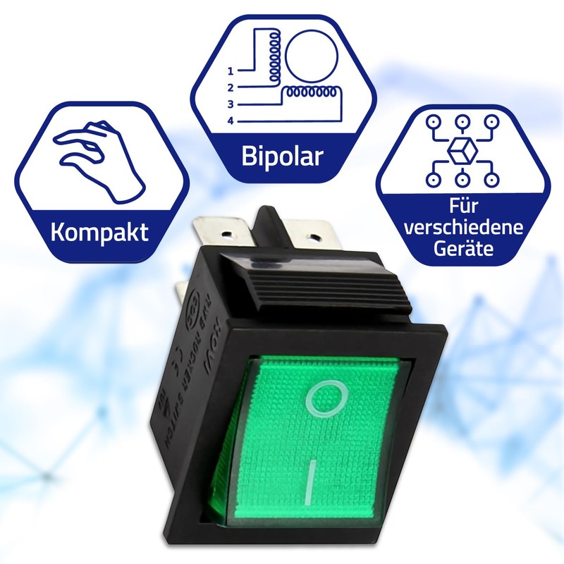 Switch Double Pole Green Luminous 250V 16A 4 Buttons 6.3