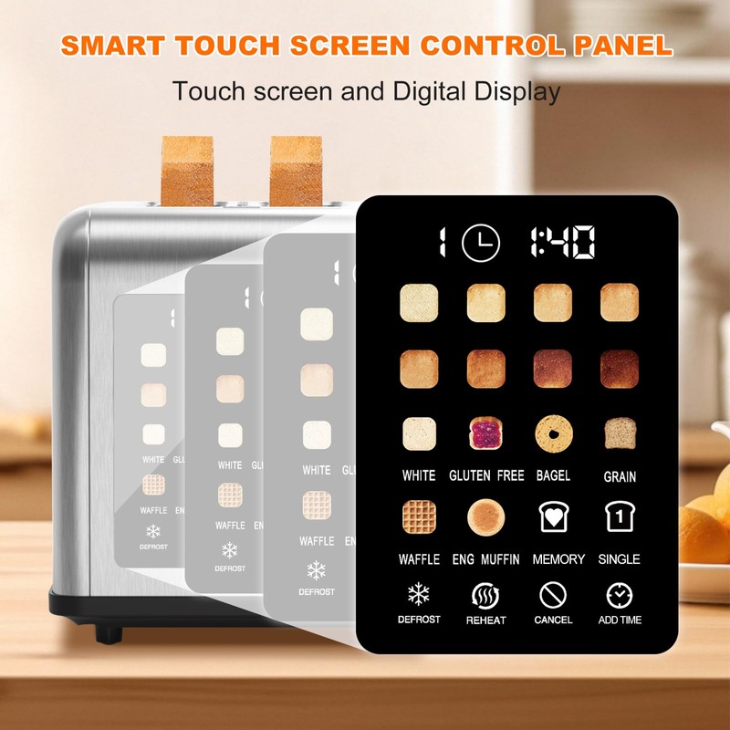 2 Slice Toaster Touch Screen, Stainless Steel Toasters Digital Timer