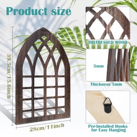 Yulejo 2 Pcs Rustic Window Frame Wall Decor Wooden Farmhouse Wall Decor 15.6'' x 11'' Arched Cathedral Window Home Decor Fake Window Pane Vintage Wall Art for Entryway Living Room Bedroom (Dark Brown)