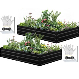 YITAHOME 96x48x12 in 2pcs Galvanized Raised Garden Bed Kit, Large Metal Planter Box with Gloves, Safety Rubber & Support Rod, Outdoor Flower Bed for Plants Vegetables, Black