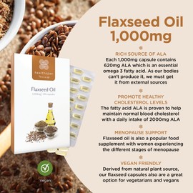 Healthspan Flaxseed Oil 1,000mg | 120 Capsules | Omega 3 Fatty Acid ALA | Maintain Healthy Blood Cholesterol Levels | Women's Health | Vegan