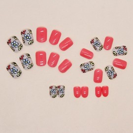 24 Pcs Square Press on Nails Short Fake Nails with Flower Designs Full Cover Glossy Acrylic Pink Glue on Nails for Women Girls Holiday or Summer Artificial Art Nails
