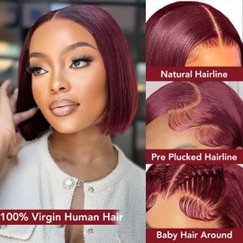 Nopxam 99j Burgundy Bob Wig Human Hair 12 Inch 13x4 HD Transparent Lace Front Wigs Human Hair 180% Density Short Bob Glueless Straight Wigs Human Hair for Women