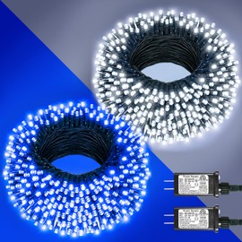 Christmas Lights Outdoor 2 Pack, Total 200FT 600 LED Fairy String Lights with 8 Modes Waterproof, Plug in Twinkle Lights for Outside Indoor Tree Hoilday Decorations,1 Pack Blue & 1 Pack White