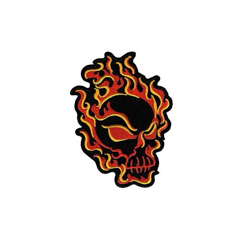 Flaming Skull Embroidered Patch Fire Skeleton Iron-On Evil Biker Emblem