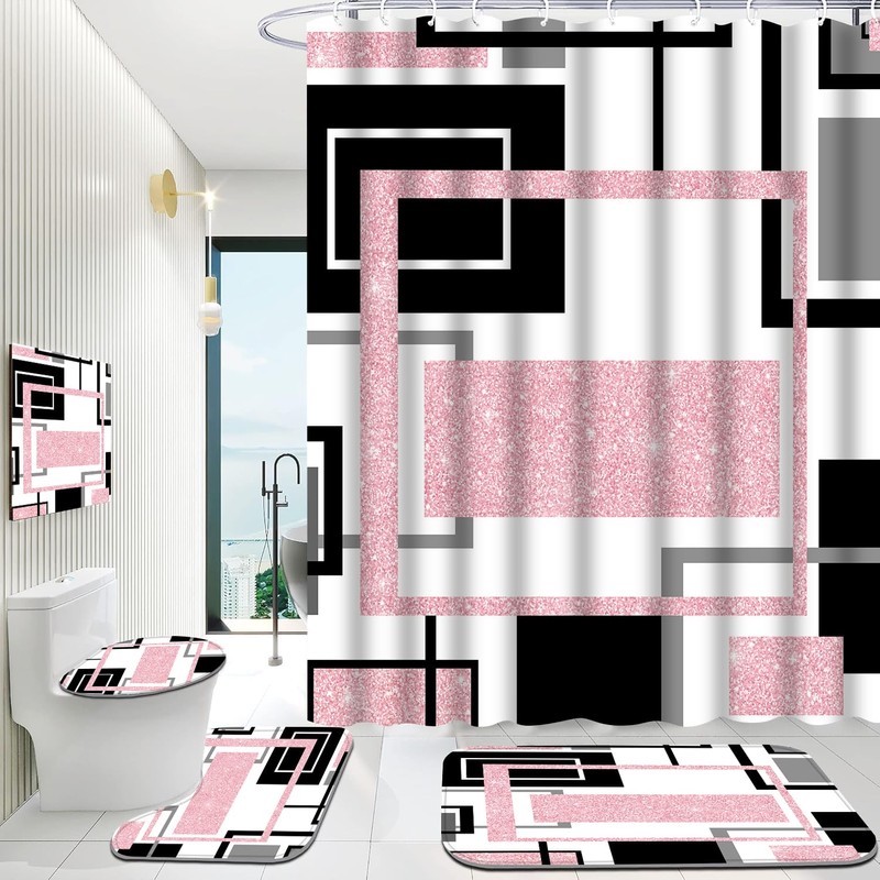 Onalasyc 4Pcs Pink Geometric Shower Curtain with Rugs Set Waterproof