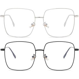 Dollger Blue Light Filter Glasses for Women Men Blue Light Blocking Glasses Square Metal Large Frame Glasses Anti Blue Light PC TV Gaming, Silver and black