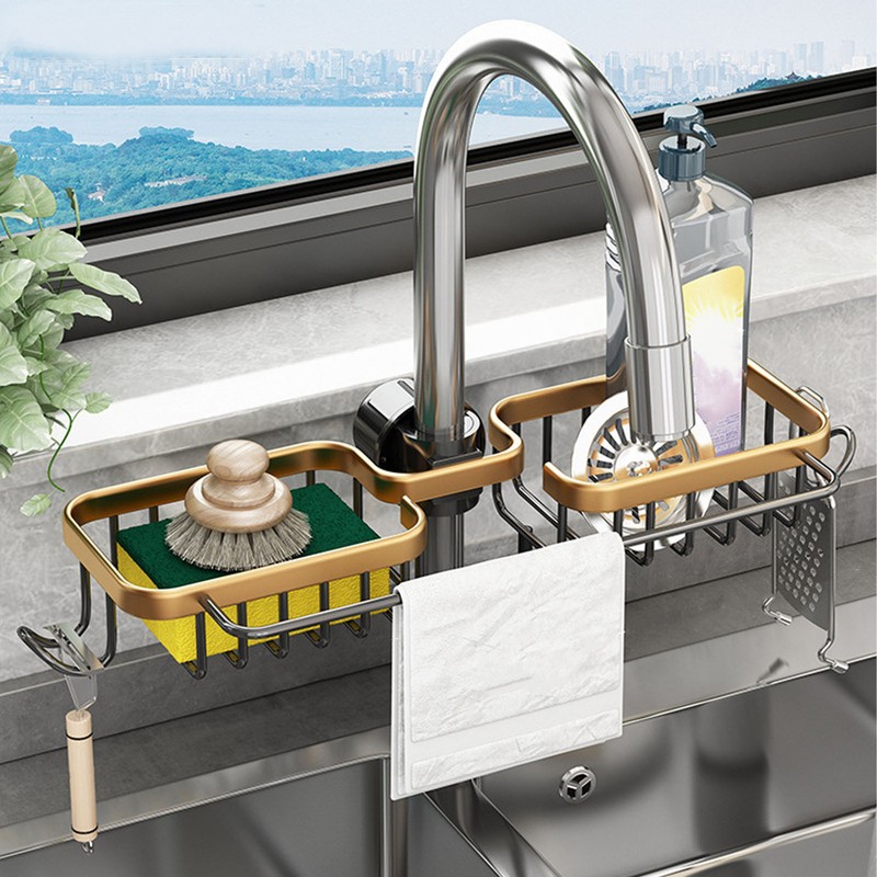Faucet Storage Shelf Aluminum Plastic Two Containers with Towel Rod