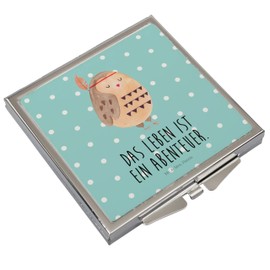 Mr. & Mrs. Panda Handtaschenspiegel quadratisch Eule Federschmuck - Geschenk, Reisespruch, Das Leben ist ein Abenteuer, Owl, Schminkspiegel,