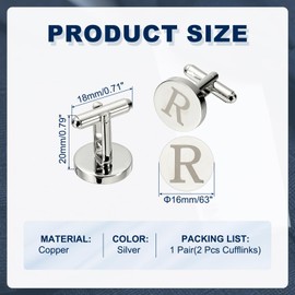 PATIKIL Initial Cufflinks, Classic Alphabet Letter R Copper Round Men Cuff Links 26 Letters A-Z for Men Father Husband Weddings Gift Business Birthday, Silver