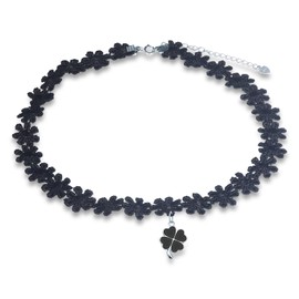 CPSLOVE Women's Black Flower Choker Necklace 925 Silver Chains with Four Leaf Clover Pendant for Girls Elegant Choker, Sterling Silver