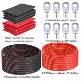 HBU 1/0 Gauge Car Battery Cable Kit - 5.5 Feet Each, Black & Red - Copper Clad Aluminum Wire with Lugs & Tubes - Vehicle, Truck, RV, Solar Power Welding Cables