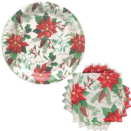 Poinsettia Disposable Christmas Dinner Plates and Cocktail Beverage Napkins Set Christmas Party Supplies or Dinner Bundle For 16 Guests