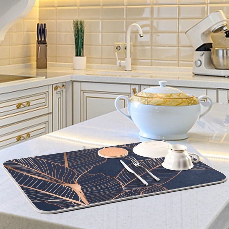 Dish Drying Mat Gold Palm Tree Leaves Navy Blue Microfiber