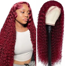 DJFG 99j Burgundy Lace Front Wigs Human Hair 30 Inch 200 Density 13x6 Deep Wave Lace Front Wigs Human Hair Pre Plucked Red Curly Human Hair Wig HD Frontal Glueless Colored Wet And Wavy Loose Deep Wave