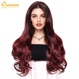 QUEENTAS 24 Inch Black Ombre Burgundy Wigs for Women Long Curly Wig Glueless Deep Wave Synthetic Hair Wigs