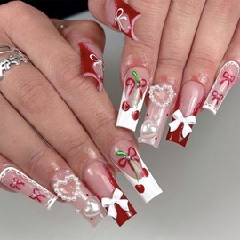 Red White French Tip Press on Nails Extra Long Coffin Nails 3D Bow Charm False Nails Glossy Pearl Full Cover Fake Nails Acrylic Nails Artificial Stick on Nails for Women
