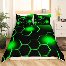 Feelyou Green and Black Bedding Duvet Cover Set Full Size Honeycomb Bedding Set for Kids Boys Girls Decor Geometrical Comforter Cover Set Microfiber Beehive Geometric Bedspread Cover