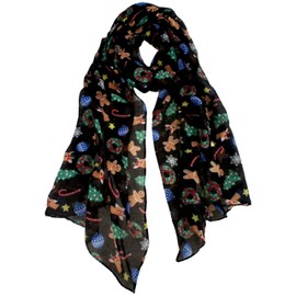 VIVIAN & VINCENT Holiday Gift Packed Soft Lightweight Sheer Fall Winter Christmas Scarf for Women Girls Teens Black Ginger Cookie Tree Reindeer