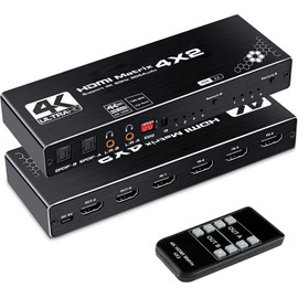 avedio links 4K @ 60 Hz HDMI Matrix 4 Input, 2 Outputs, HDMI Switcher, Audio Separator, Optical Digital/SPDIF/L/R Audio Output, Remote Control, HDMI 2.0b, HDCP 2.2, HDR 10, RGB 8:8:8 Supported