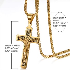 JewelryWe Men's Cross Necklace,Catholic Jesus Christ on INRI Cross Crucifix Stainless Steel Pendant Necklace 22" Chain
