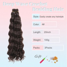 MLETULIPS Curly Crochet Braiding Hair Extensions Deep Wave Braiding Hair Ocean Wave Crochet Hair Soft Synthetic Bohemian Curly Water Wave Crochet Braids for Women (4#, 20 inch/3 Pack)