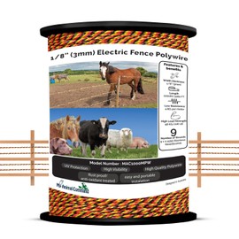 My Animal Command 1/8 Inch Thick Polywire Electric Fence 3280 Feet/1000m Length for Containment of Livestock, Horses Deers, Bears, Farm Animals, Gardens, Pets, Hot Wire Portable Fence High Visibility