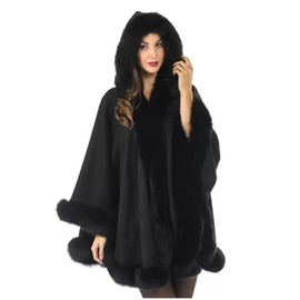 Cashmere Pashmina Group Coat Fur Cape Faux Fur Ruana blanket Caplet Wrap Shrug Sweater Poncho dress shawl (Black Wool blend cape with faux fur trim)