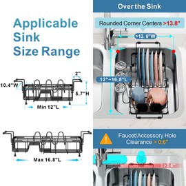 iSPECLE Small Sink Dish Drying Rack with Cup Holder, Expandable Rust Resistant Dish Drainer for RV Kitchen, Dish Rack with Tightening Knob, Arms with Non Slip Rubber, Fit Sink 12"-16.8" L, Black