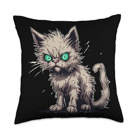 Mad Cat Bad Day Funny Kitten Accessories Mad Kitten Funny Cat Merch Angry Grumpy Fluffy Kitty Throw Pillow, 18x18, Multicolor